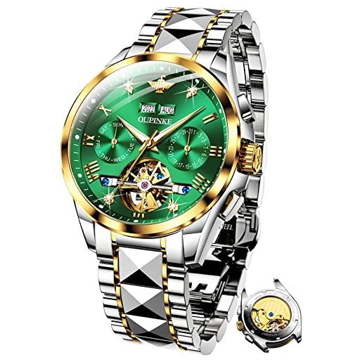 OUPINKE orologi da uomo automatici meccanici auto-carica scheletro lusso cristallo zaffiro diamante acciaio tungsteno impermeabile business abito orologi regali, verde/oro, bracciale
