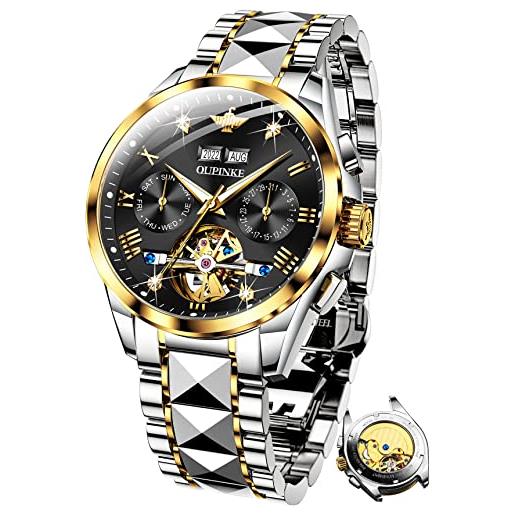 OUPINKE orologi da uomo automatici meccanici auto-carica scheletro lusso cristallo zaffiro diamante acciaio tungsteno impermeabile business abito orologi regali, nero/oro, bracciale