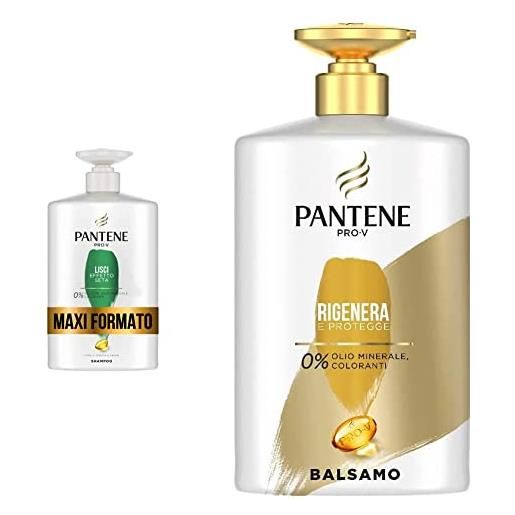 Pantene pro-v shampoo lisci effetto seta, formula pro-v + antiossidanti, per capelli opachi e crespi, 1000ml & pro-v balsamo capelli protezione cheratina, rigenera e protegge, 900ml