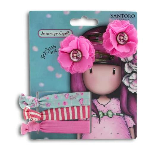 Santoro gorjuss set ornamenti capelli bambina, set accessori capelli bambina, 2 clic clac, 3 elastici a fascetta, collezione cherry blossom