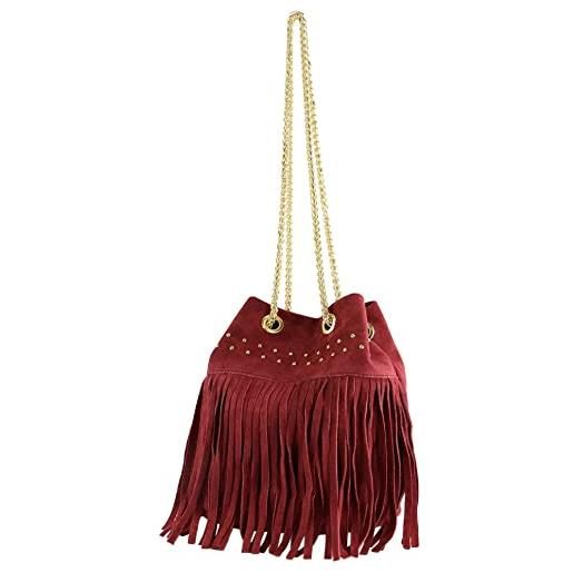 modamoda de - t244 - borsa da donna in pelle scamosciata con frange e catena d'oro, rosso scuro, s