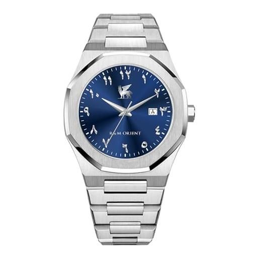 R&M ORIENT men's watch with arabic numerals, stainless steel, analog quartz, sapphire glass, designer large wristwatch, men's fashion, waterproof watch with arabic calendar