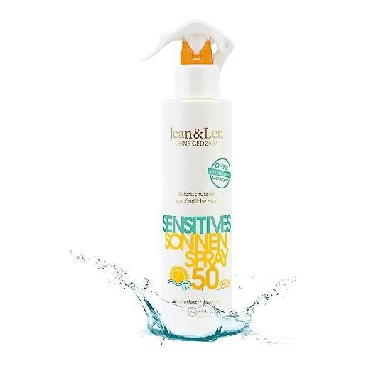 Jean & Len sensitive sun spray 50 spf waterproof, adatto alle pelli sensibili, senza siliconi, octocrilene, profumi e microplastiche, vegan, flacone spray 250 ml