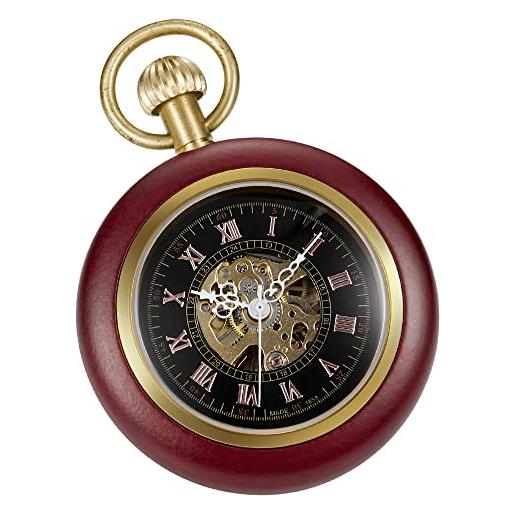 Tiong orologio da tasca in legno meccanico steampunk elegante rame legno design viso aperto orologi da tasca da uomo con scatola a catena migliori regali, rosso e nero. , gotico