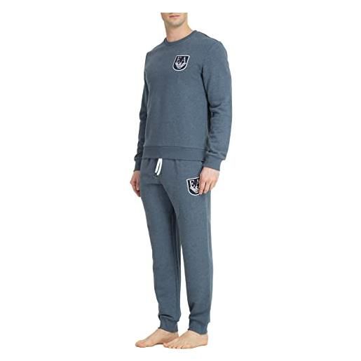 Emporio Armani sweater+trousers shield logo terry, maglione+pantaloni uomo, denim mélange, s