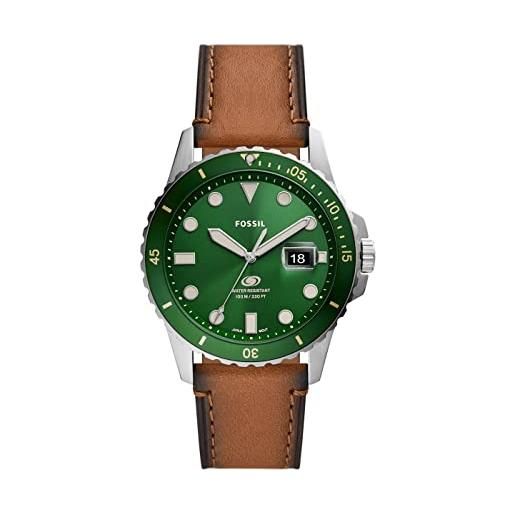 Fossil orologio blue da uomo, movimento al quarzo, cassa in acciaio inossidabile argentata da 42 mm e cinturino in pelle pro. Planet, fs5946, verde e marrone