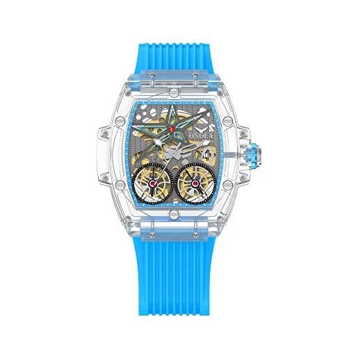 SysFla orologio automatico da uomo sport casual elegante cassa trasparente orologio da polso meccanico scheletrico per uomo donna banda in silicone impermeabile orologio analogico (blu)