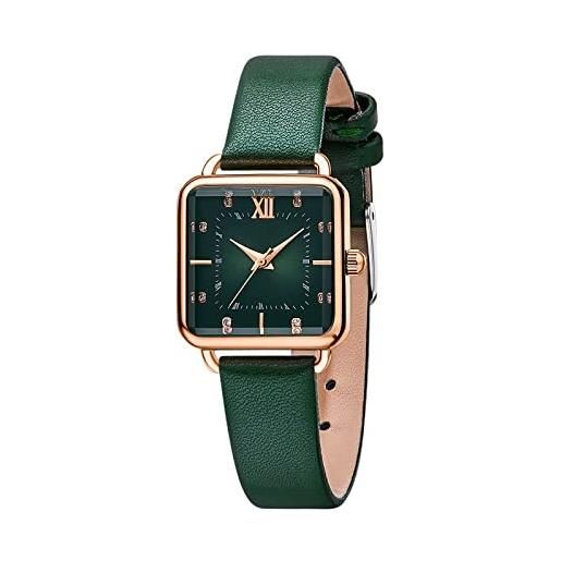 SURVAN WatchDesigner orologio donna al quarzo con quadrante quadrato elegante cinturino in vera pelle in acciaio inossidabile impermeabile (col. Verde)