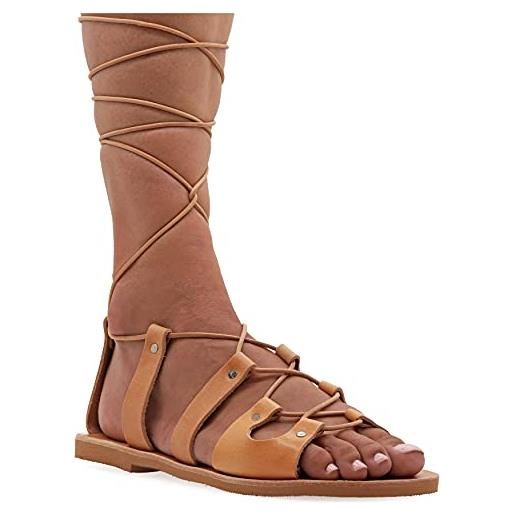 EMMANUELA handcrafted for you emmanuela sandali gladiatori greci antichi, sandali in pelle piatta a mano con dita aperta e lacci, scarpe estive di alta qualità per legare per le donne, beige, 36 eu