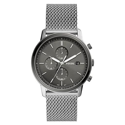 Fossil orologio minimalist da uomo, movimento cronografo, cassa 42 mm in acciaio inossidabile argentato con bracciale a maglie in acciaio inossidabile, fs5944, tono argento