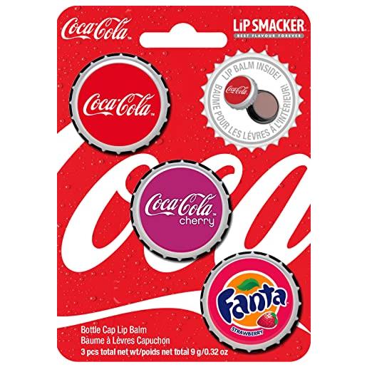 Lip Smacker coca-cola collection, set di 3 burrocacao per labbra in vari gusti e design ispirati al mondo coca cola, gusto coca cola, coca cola alla ciliegia e fanta strawberry