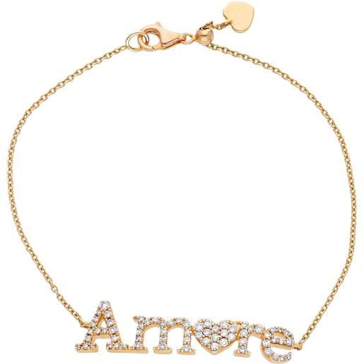 Gioielli Casella bracciale casella gioielli in oro rosa con scritta "amore" in oro e diamanti