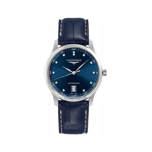 Longines orologio Longines master collection blu con diamanti e cinturino in pelle blu