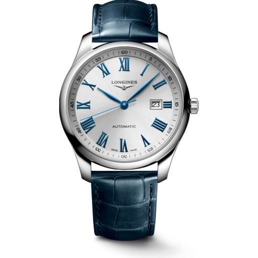 Longines orologio the Longines master collection con quadrante argento e cinturino in pelle blu