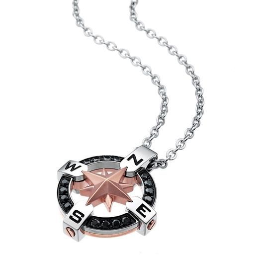 Zancan collana da uomo Zancan hiteck in acciaio con pendente rosa dei venti e spinelli neri