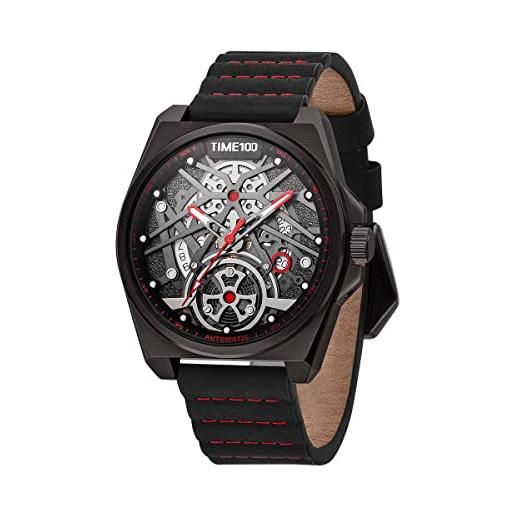 TIME100 orologio automatico meccanico da uomo scheletro orologi da polso da uomo pelle vera impermeabile（nero）