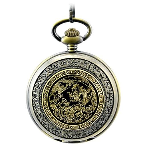 Infinite U dragon and phoenix orologio da tasca meccanico in acciaio con scheletro e numeri romani