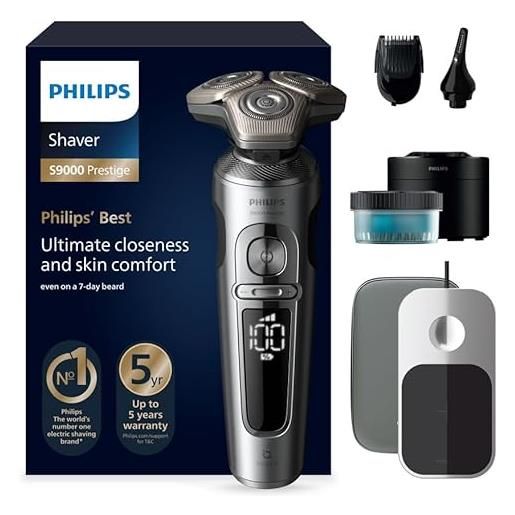 Philips rasoio elettrico serie 9000 prestige, secco e umido, cromo brillante, rasatura lift & cut, tecnologia skiniq, regolabarba, rifinitore per il naso, base di ricarica qi, modello sp9885/35