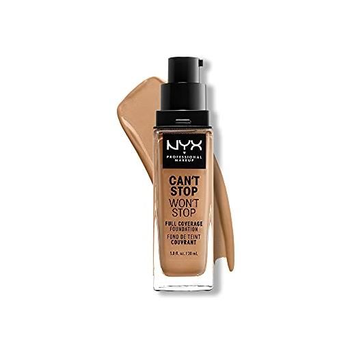 Nyx professional makeup fondotinta, can't stop won't stop full coverage foundation, lunga tenuta, waterproof, finish matte, tonalità: camel
