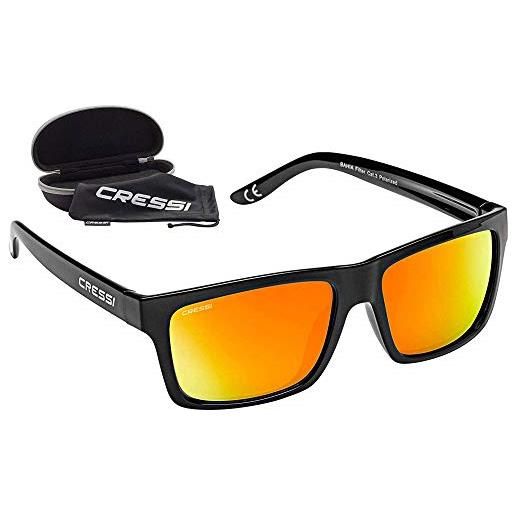 Cressi bahia floating, occhiali galleggianti sportivi da sole polarizzati con protezione uv 100% unisex adulto, nero/lente specchiate arancio