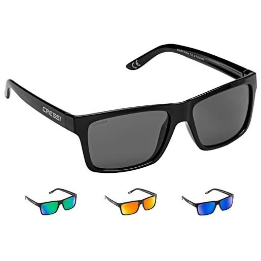 Cressi bahia floating, occhiali galleggianti sportivi da sole polarizzati con protezione uv 100% unisex adulto, nero/lente specchiate blu