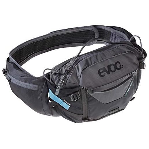 EVOC hip pack pro 3l marsupio per escursioni in bicicletta e sentieri (28 x 18 x 8 cm, 3l di spazio, airflow contact system, airo flex hip belt, 1.5l hydration bladder), nero / carbon grey