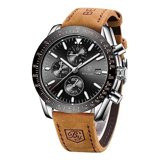 BENYAR Orologio Da Uomo In Pelle, Movimento Al Quarzo, Tre Quadrante