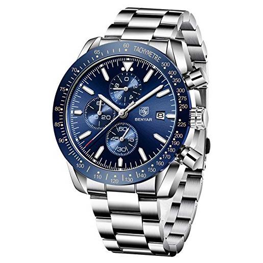 BY BENYAR oorologi uomo cronografo movimento al quarzo orologio elegante sportivo di moda business orologi uomo 30 m impermeabile e antigraffio regalo da uomo(blu acciaio)