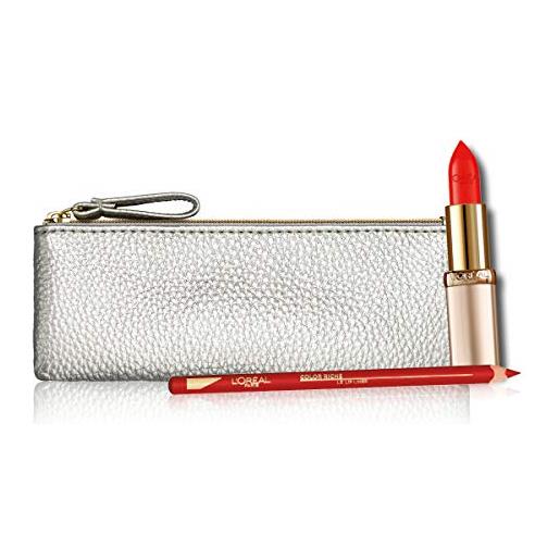 L'Oréal Paris idea regalo donna, pochette con rossetto color riche satin rosso + matita labbra color riche lip liner, 377 + 125