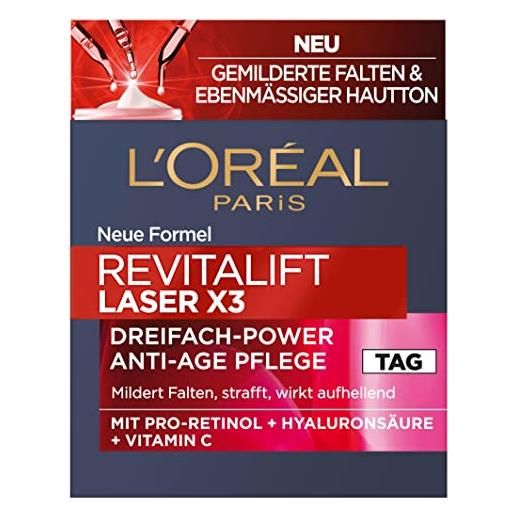 L'Oréal Paris cura del giorno, rassodante e rinforzante per la cura del viso con effetto 3 volte, con acido ialuronico, vitamina c e pro-retinolo, revitalift laser x3, 50 ml