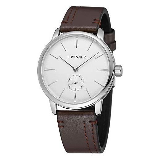 Forsining - orologio da polso da uomo, elegante, meccanico, a carica manuale, quadrante bianco, cinturino in pelle marrone. 