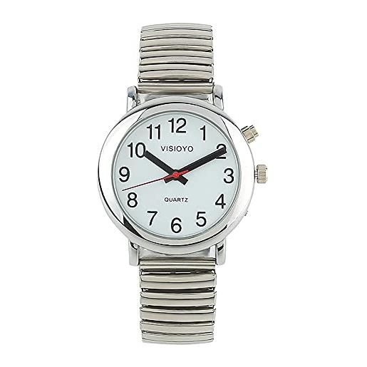 VISIONU orologio parlante tedesco con funzione sveglia, indicazione di ora e data, quadrante bianco, cinturino elastico tug-s201g