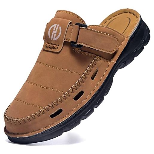 GURGER sandali uomo pelle sabot zoccoli estivi punta chiusa ciabatte traspirante spiaggia scarpe marrone scuro taglie 44