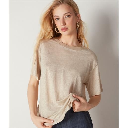 Falconeri t-shirt girocollo in lino con bordo in maglia naturale ecru
