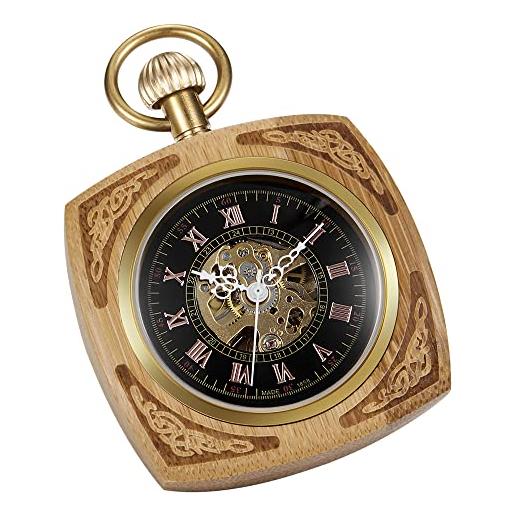 Tiong orologio da tasca in legno meccanico scheletro steampunk numeri romani rettangolo orologio da tasca meccanico da uomo in legno scatola a catena, nero e marrone. , retrò
