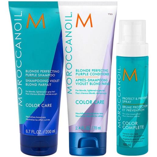 Moroccanoil blonde perfecting purple shampoo+conditioner+protect and prevent spray 200+200+160ml - kit antigiallo per capelli bi