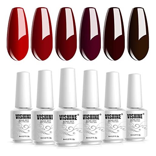 Vishine - set di 6 smalti gel semi-permanenti per unghie, per lampada uv o led, collezione classica, colore: rosso scuro