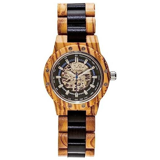 MiTA - orologio automatico da polso in pregiatissimo legno di ulivo made in italy. Cassa con quadrante color oro, diametro 42mm, spessore 13mm. Larghezza maglie mm 24