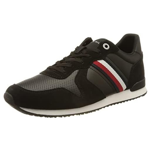 Tommy Hilfiger sneakers da runner uomo iconic runner stripes leather scarpe sportive, nero (black), 40 eu