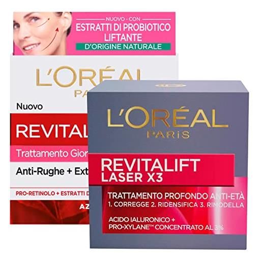 L'Oréal Paris revitalift fragrance free crema viso antirughe con probiotico e pro-retinolo effetto lifting 50ml + crema laser x3 trattamento antietà rimodellante con proxylane 50ml - 2 creme