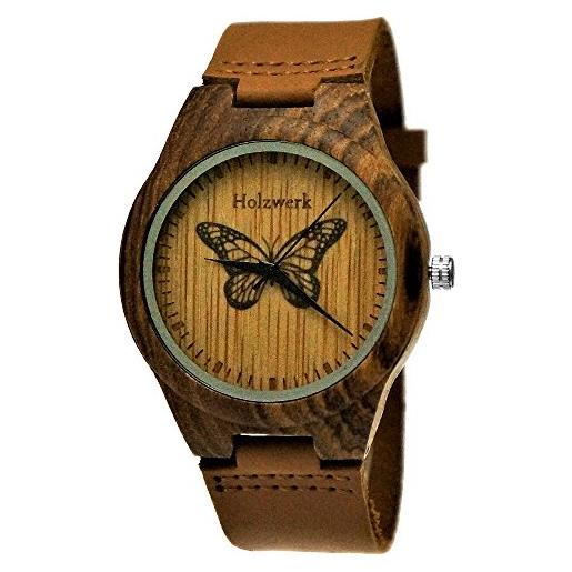 Holzwerk Germany orologio da donna realizzato a mano, orologio da uomo, ecologico, in legno, in pelle, analogico, classico, al quarzo, marrone, con farfalla, colore naturale, marrone. , cinghia