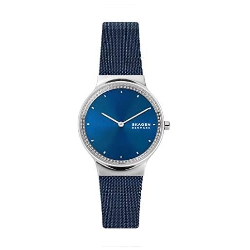 Skagen freja orologio per donna, movimento al quarzo con cinturino in acciaio inossidabile o in pelle, blu cobalto, 34mm