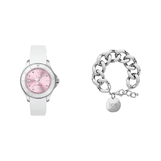 ICE-WATCH - ice steel white pastel pink - orologio soldi da donna con cinturino in silicone 020366 + jewellery - chain bracelet - silver - bracciale da donna con medaglia d'oro 021304