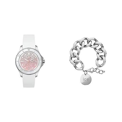 ICE-WATCH - ice steel lo white pink - orologio soldi da donna con cinturino in silicone 020371 + jewellery - chain bracelet - silver - bracciale da donna con medaglia d'oro 021304