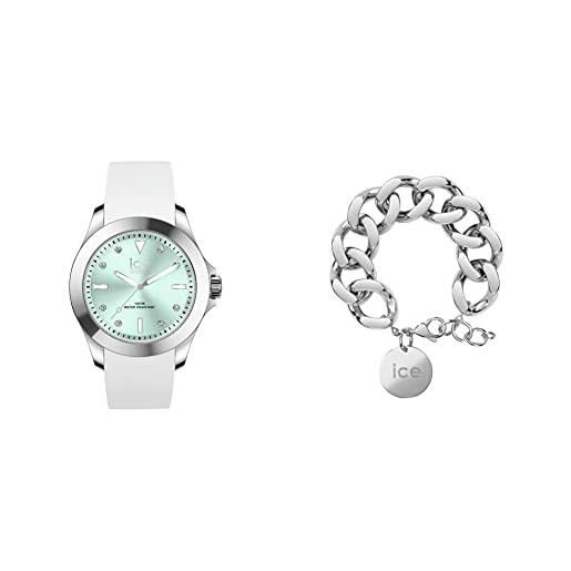 ICE-WATCH - ice steel white pastel green - orologio bianco da donna con cinturino in silicone 020381 + jewellery - chain bracelet - silver - bracciale da donna con medaglia d'oro 021304