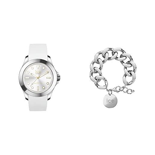 ICE-WATCH - ice steel white gold - orologio bianco da donna con cinturino in silicone 020384 + jewellery - chain bracelet - silver - bracciale da donna con medaglia d'oro 021304