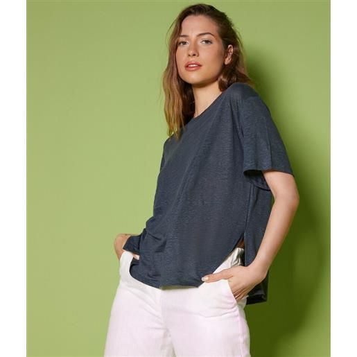 Falconeri t-shirt girocollo in lino con bordo in maglia blu
