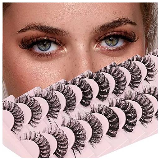 FANDIQ false eyelashes russian strip lashes d curl 3d fake lashes natural wispy fluffy volumn strip lashes 16mm faux mink eye lashes reusable handmade 10 pairs pack (5 styles mix)