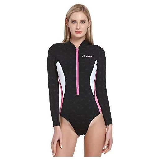 Cressi termico long sleeve lady swimsuit 2 mm, costume monopezzo maniche lunghe in neoprene high stretch donna, nero/rosa/bianco, l