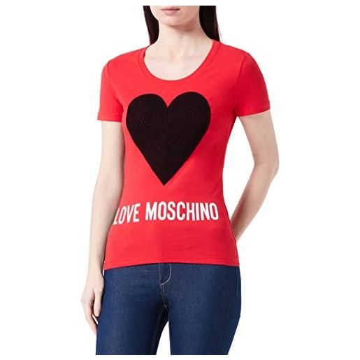 Love Moschino tight-fit short-sleeved maxi heart with embroidered flock sequins and institutional logo water print t-shirt, red, 40 da donna